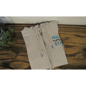 Hollister Full Zip Hoodie Oatmeal Tan Teal Blue Logo Embroidery Small